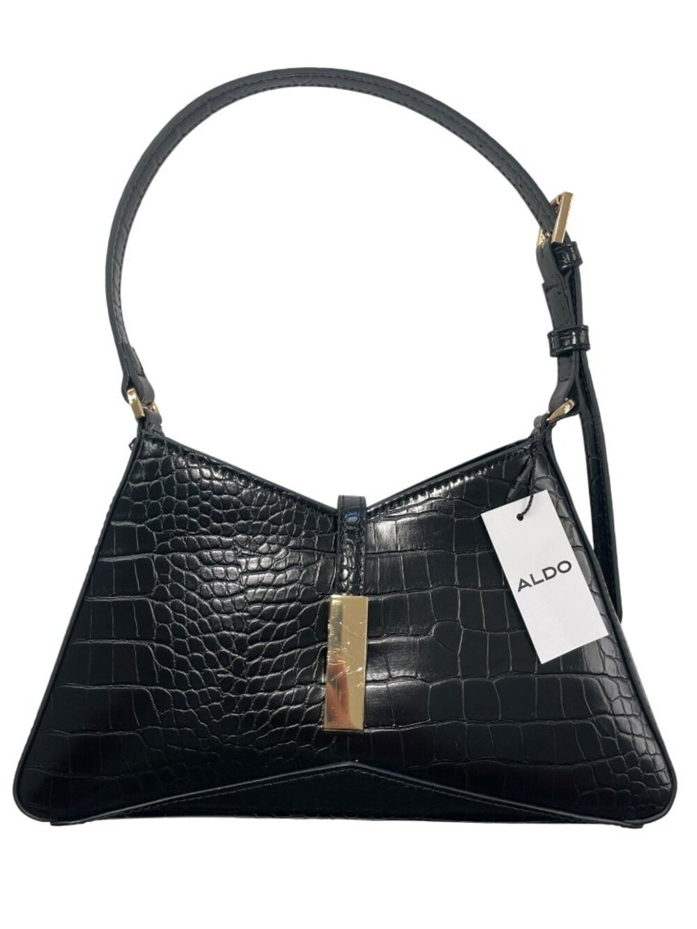 Aldo Julietta Black Croc-Embossed Shoulder Bag Adjustable Strap Gold Accents NWT - Picture 2 of 9